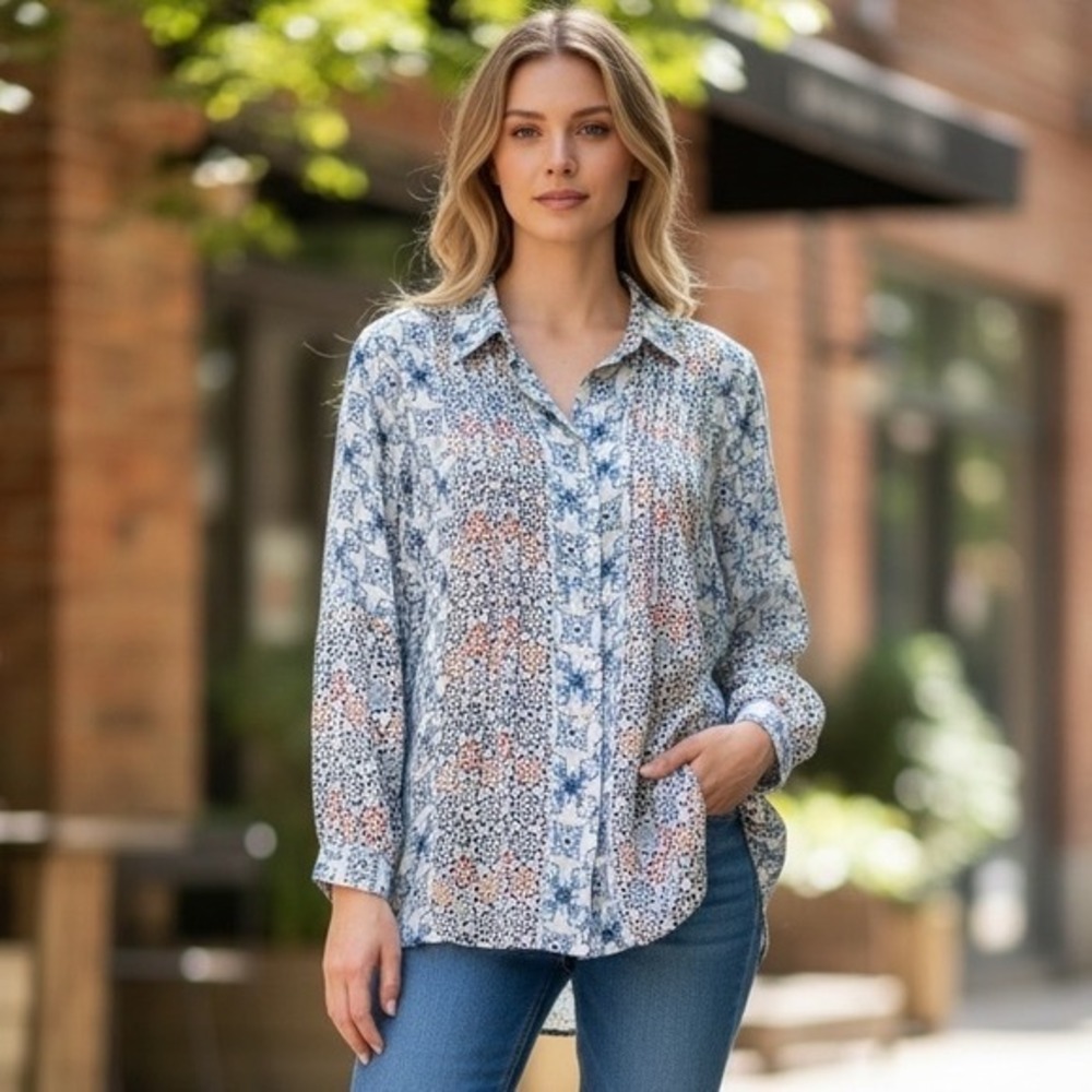 Jane + Delancey Mixed Print Pintuck Button Down Tunic Top Blue Orange Medium NWT